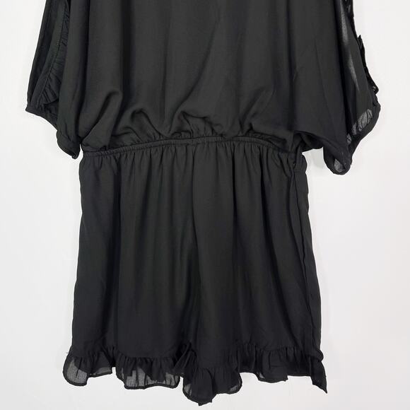 She + Sky Small S Black Ruffled Cold Shoulder Romper Scoop Neck Keyhole - Picture 4 of 10